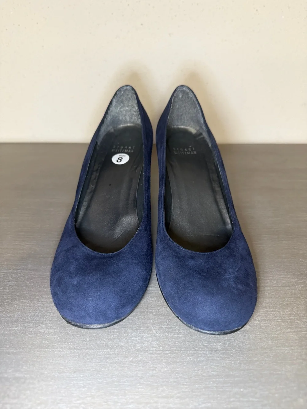 Stuart Weitzman Navy Blue Suede Wedge Pumps Round Toe Dress Shoes Spain Size 8 - Picture 5 of 13